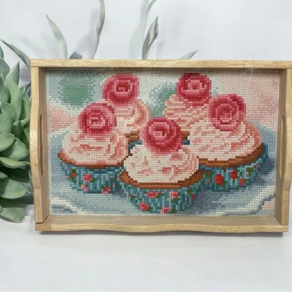 Wood Serving Tray With Transparent PVC Top Diamond Art Finished and Sealed - Picture 1 of 4